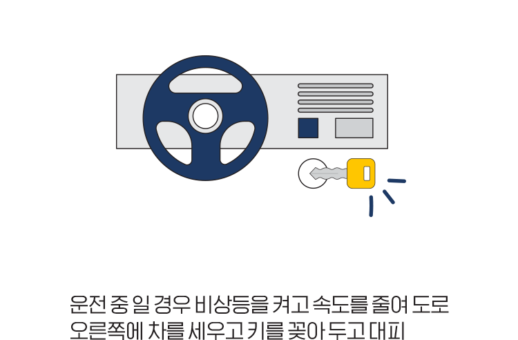 운전 중 일 경우 비상등을 켜고 속도를 줄여 도로 오른쪽에 차를 세우고 키를 꽂아 두고 대피